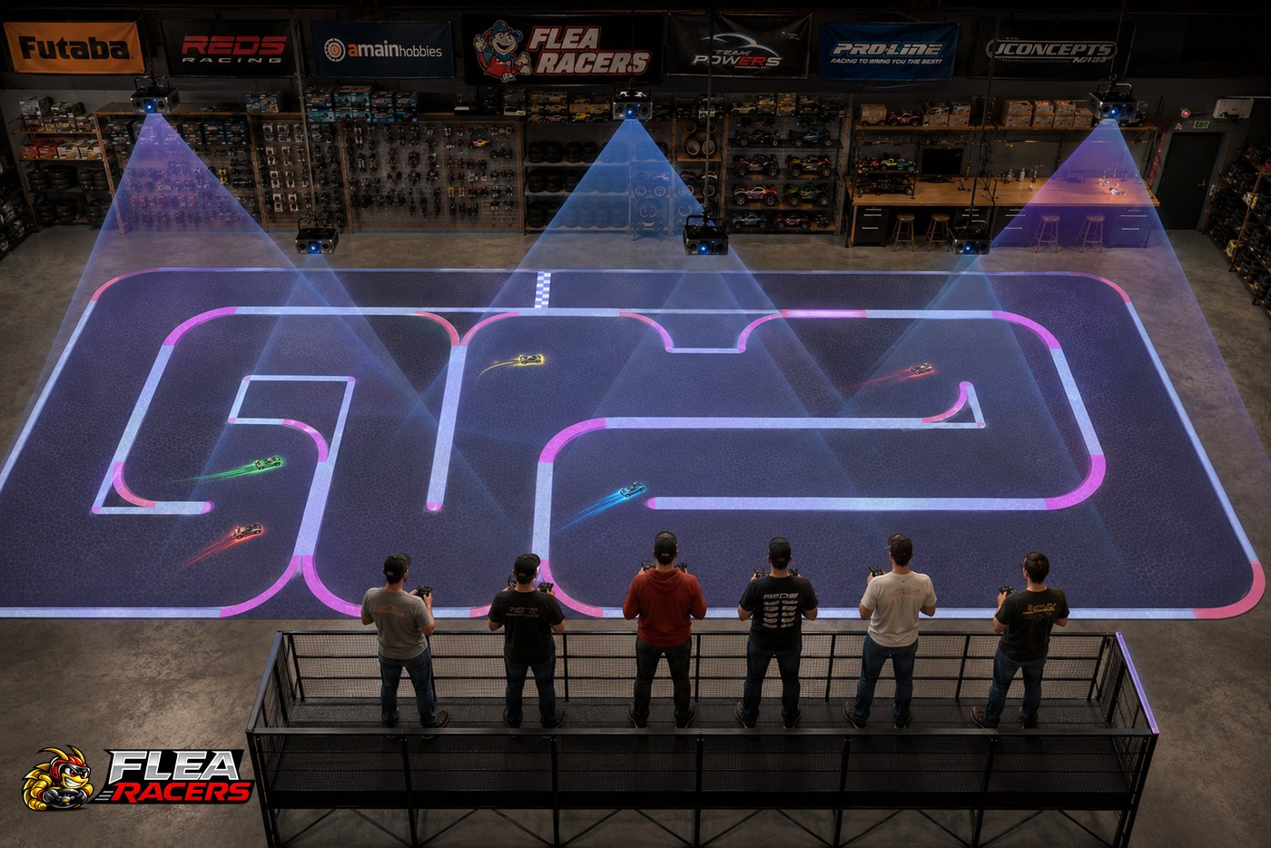 Flea Racers projector mode in a hobby shop: six projectors throwing one big track onto the floor, six drivers on the stand
